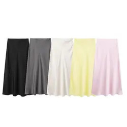 Tangada 2024 Women Satin Skirt Zipper High Waist Female Long Skirt BE0167