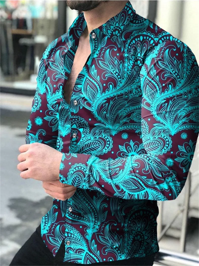 

Men's fashionable long sleeve lapel graphic shirt, fashionable print, street style, suitable for spring and autumn casual wear