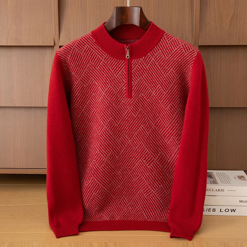 Outono e inverno masculino meia altura com zíper pescoço engrossado camisola jacquard lã camisola de negócios