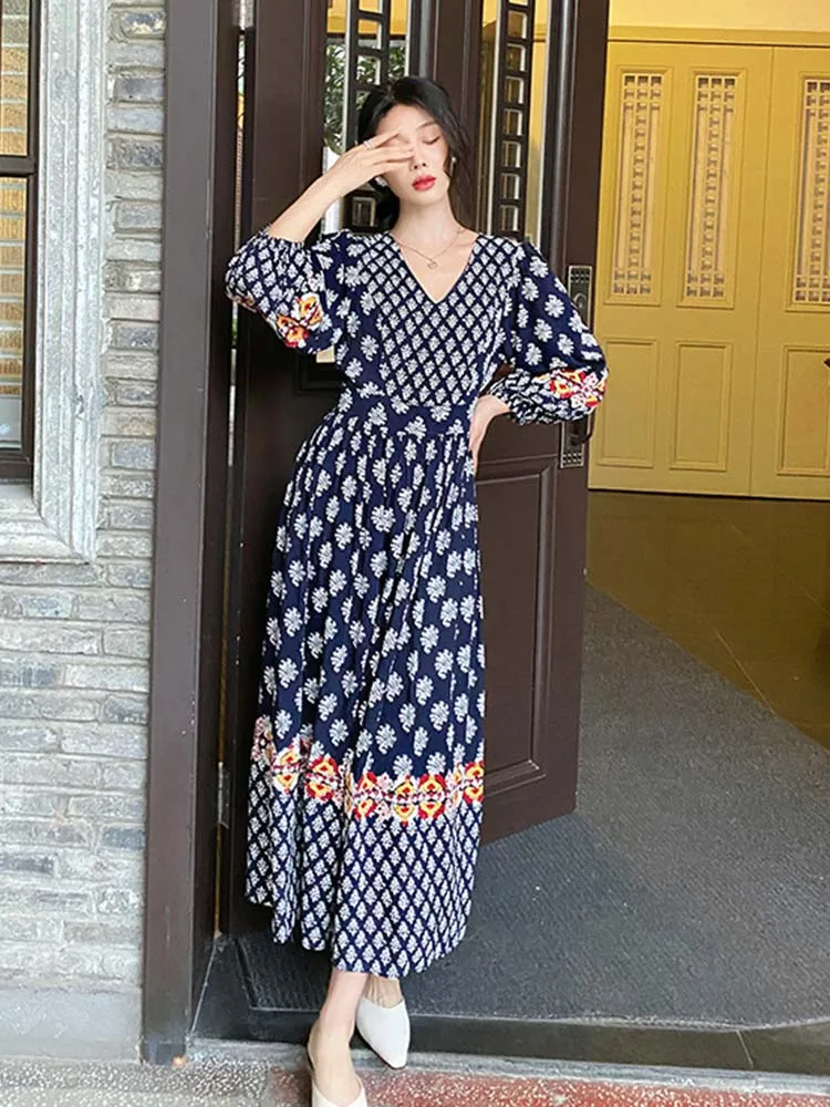 

Jastie 2024 Spring Summer Floral Printed Dress Women Elegant V Neck Slim Holiday Dress Casual Lantern Sleeve Big Swing Dress