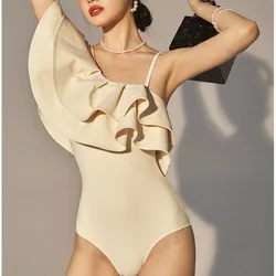 New Women's One-piece Solid Color Swimsuit Single Shoulder Ruffled Briefs Slim Sexy Spring Vacation Swimsuit