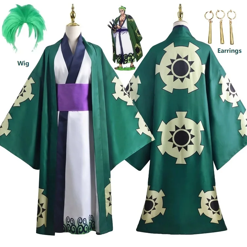 Green Roronoa Zoro Kimono Cosplay Anime Costume Uniform for Halloween Adult Suit Lining Wig Outerwear Girdle Disfraz Halloween