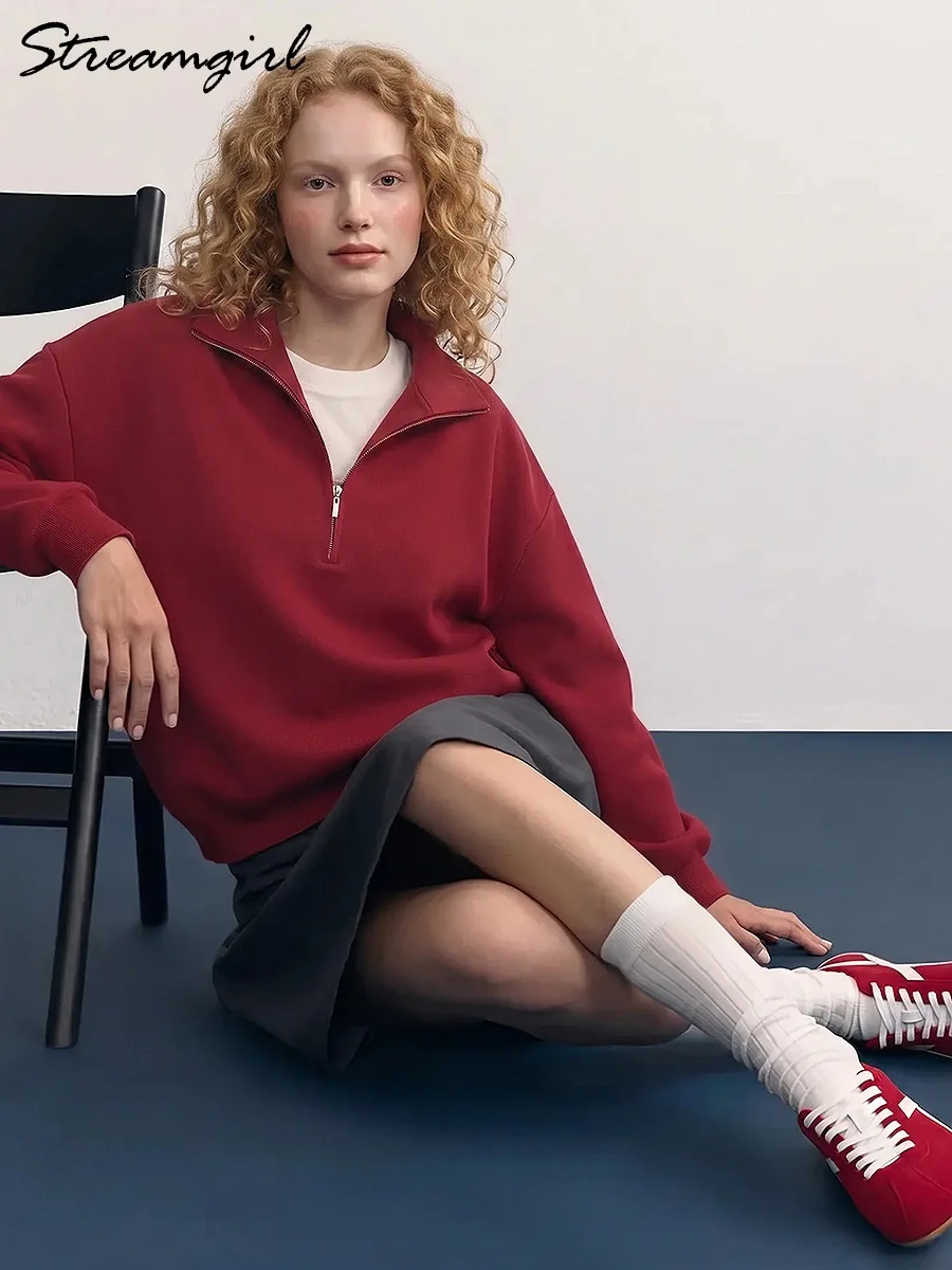 Red Quarter Zip Sweater Women Brown Autumn Loose Pullovers With Zippers For Women Outwear Oversized White Sweater Zip Up Winter