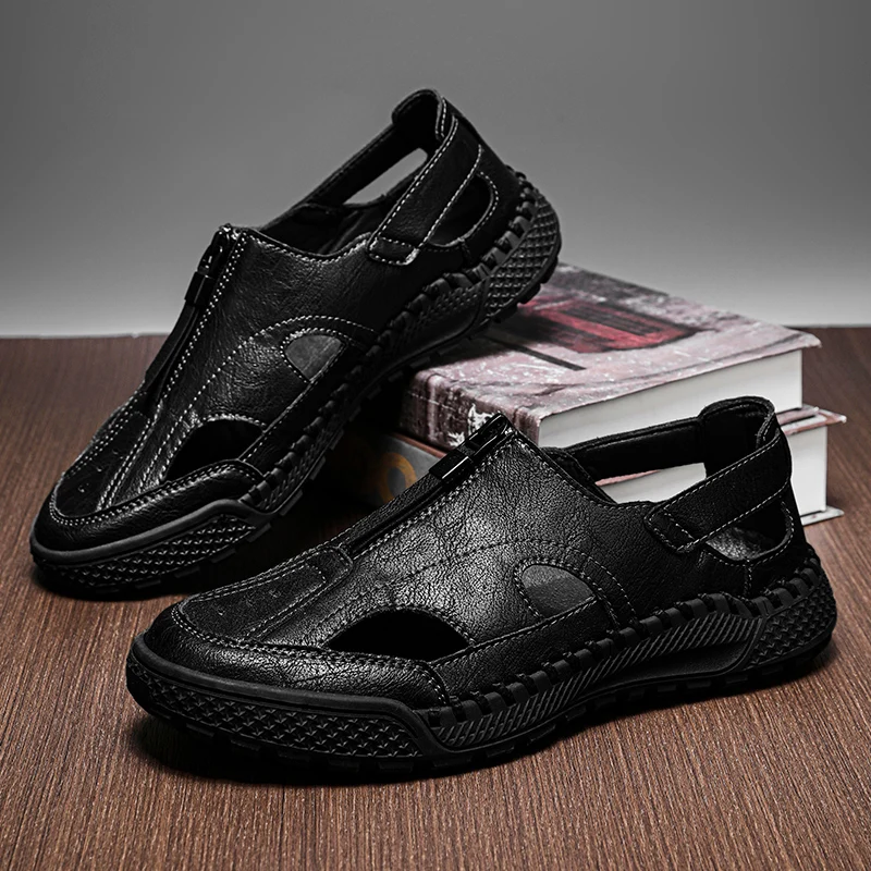 2025 Summer hot sale Sewn sandal for man black outdoor mens casual big size shoes traveling sandals zipper beach walking shoes