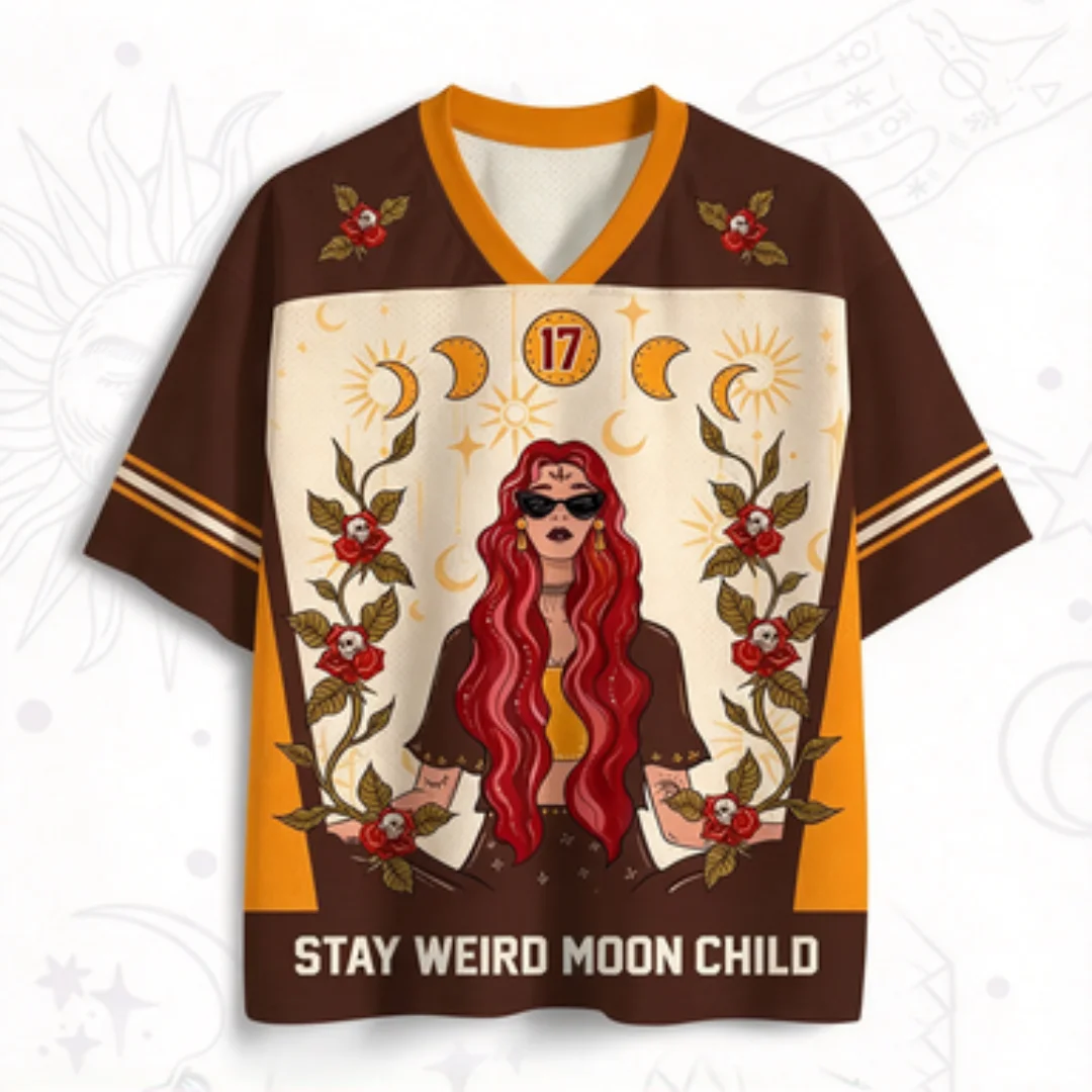 Red Haired Sunglasses, Witch V-neck Mesh Jersey, Retro Bohemian Mysterious Style, Loose Casual T-shirt