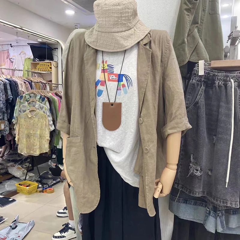 

Spring Summer New Arts Style Women 3/4 Sleeve Single Breasted Loose Blazer Good Quality Cotton Linen Casual Blazers Coat T717