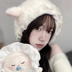 Japanese Plush Knitted Sheep Ear Shape Hat Women Girls Winter Sweet Furry Lace Brim Warem Cap Foldable Cosplay Ear Protect Hat