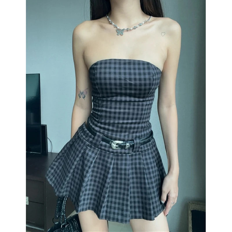 Xeemilo Vintage Plaid Print A-line Dress Sexy Gentle Slash-neck Pleated Mini Dresses 2024 Fashion Off Shoulder Women Vestidos