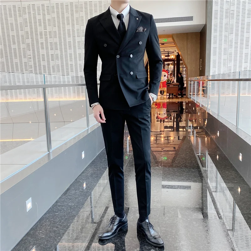 New Double Breasted Suit Two Sets of Korean Version Groom Wedding British Professional Suit Slim Casual Suit Men\'s Clothing