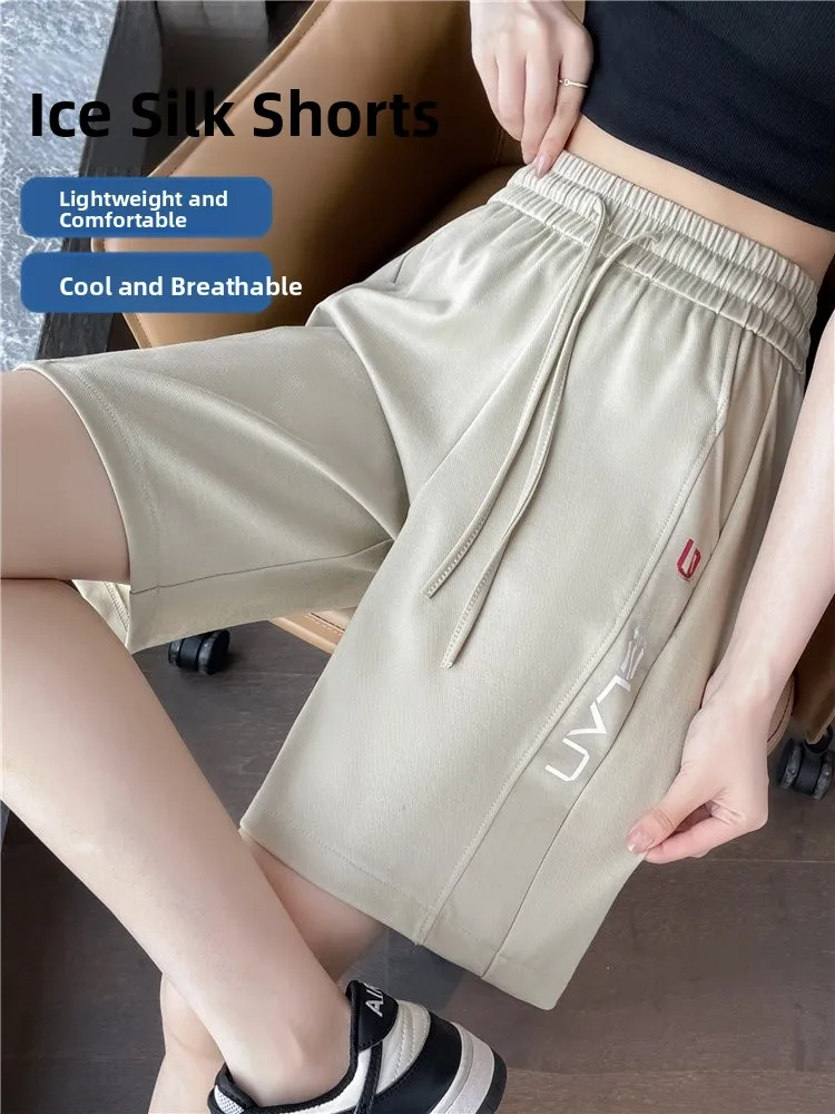 

Женские летние тонкие быстросохнущие спортивные брюки из ледяного шелка с высокой талией, средней длины, в корейском стиле, свободного кроя, с завязками на талии