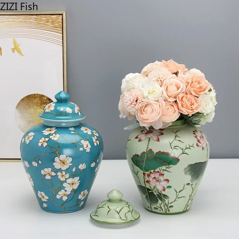 

Lotus Texture Porcelain General Jar with Lids Retro Ceramic Flower Vases Desk Decoration Jewelry Jars Cosmetic Containers