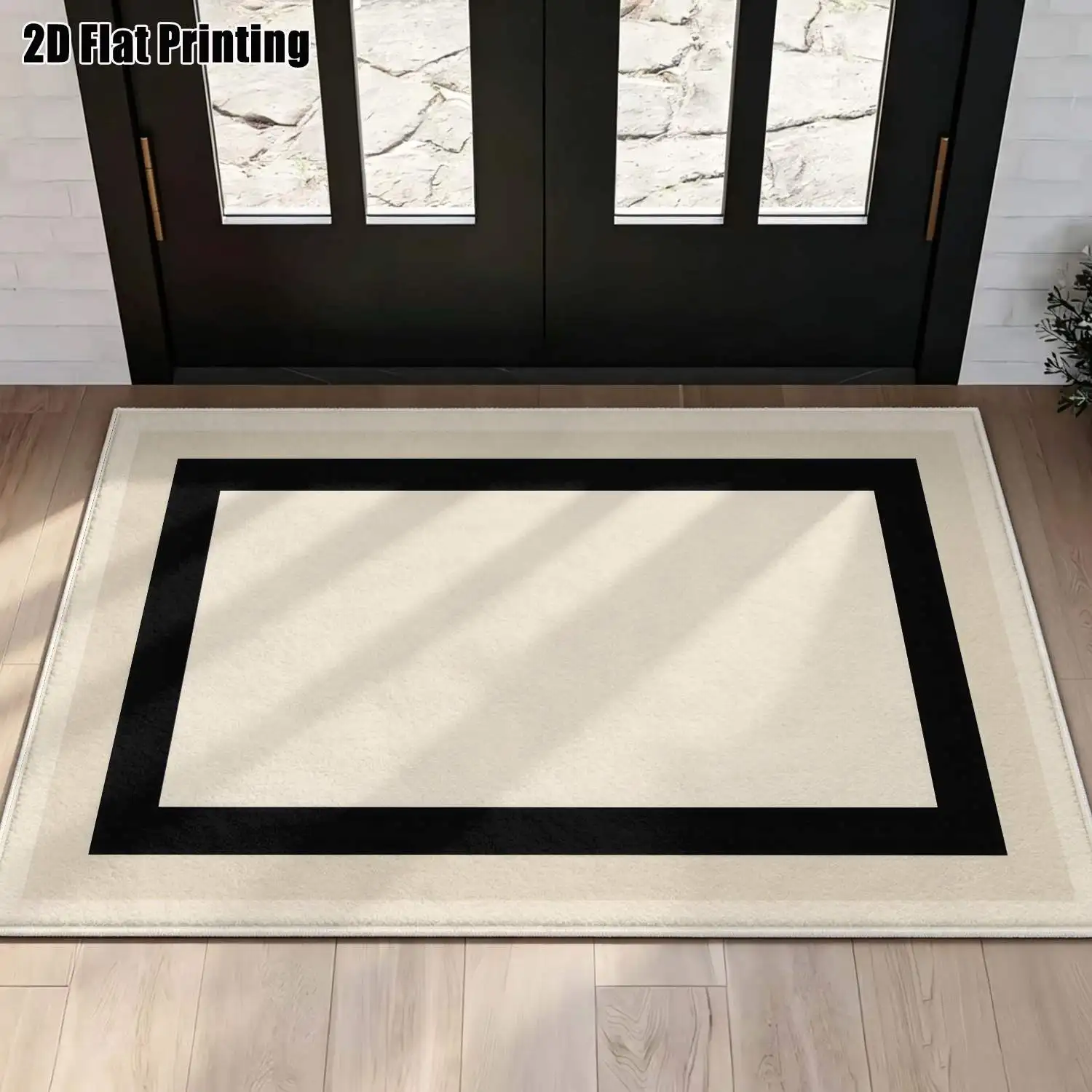 1Pc 2D Printed Velvet Carpet, Black White Geometric Frame Pattern Nordic Modern Minimalist Instagram Floor Mat, Home Decor, Multi-Size Machine Washable, for Entrance, Dining, Foyer, Bedroom, Living Room