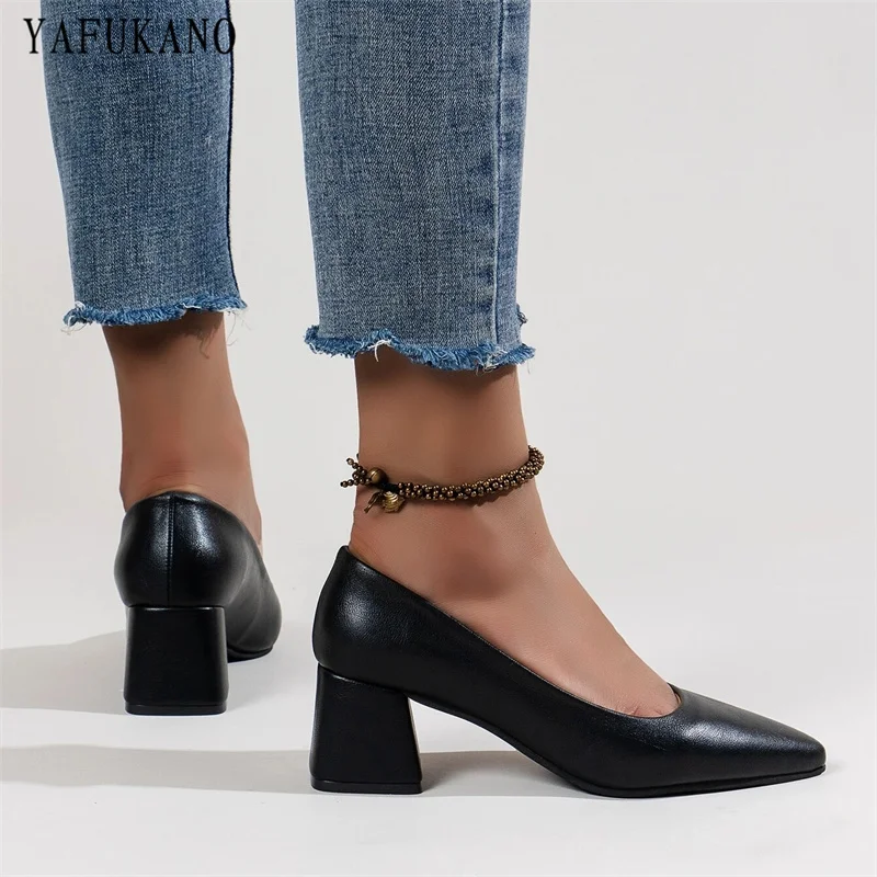 Minimalist Point Toe Chunky Heeled Court Pumps Fashion Black Office Work Shoes Korean Shallow Mouth Casual High Heels Party Shoe