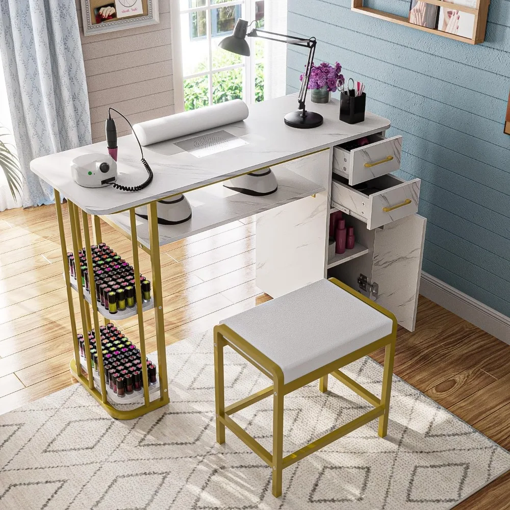 Manicure Table Nail Desk for Nail Tech, Professional Nail Table with Stool, Dust Collector, Dust Bag & Wrist Cushion