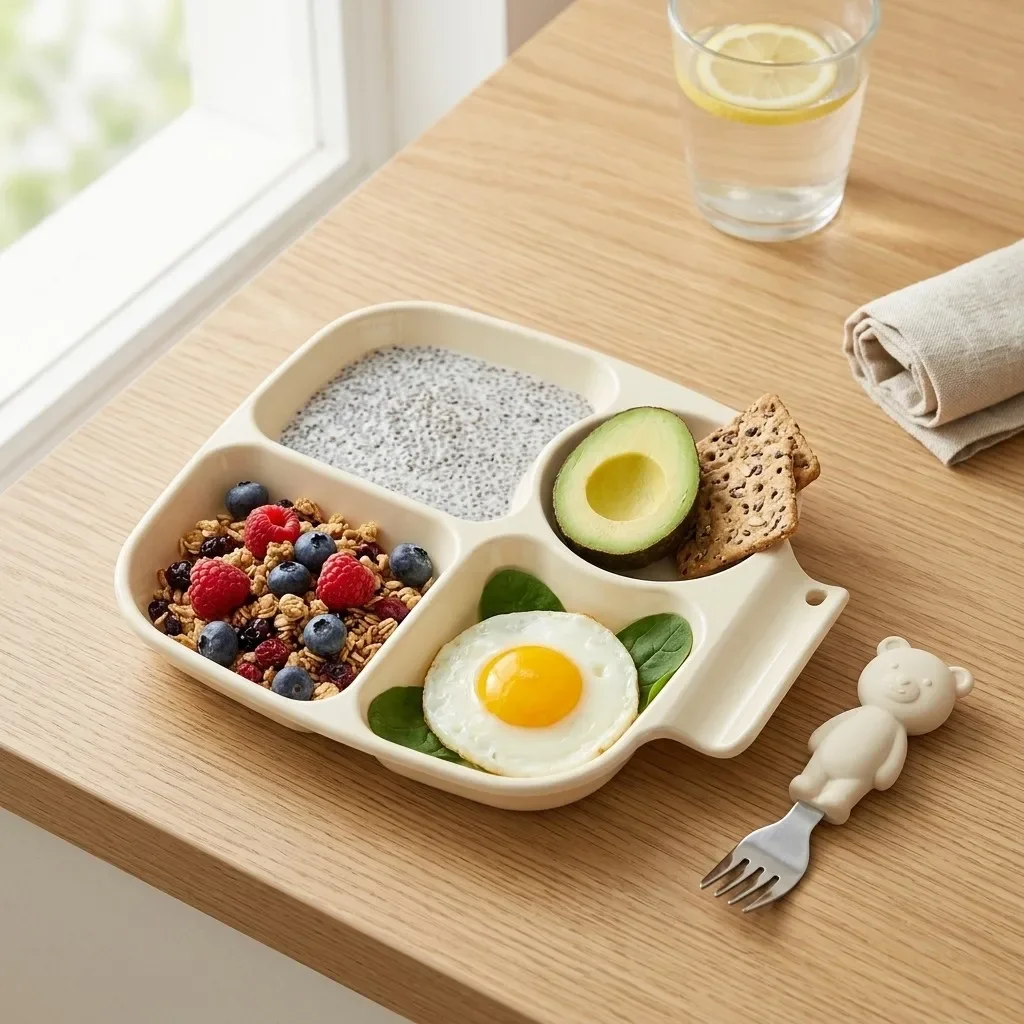 Cute 4 Grid Portion Control Plate Reusable Plastic Divided Fruit Salad Plates for Adults Kids Food Dish Tableware with Handle
