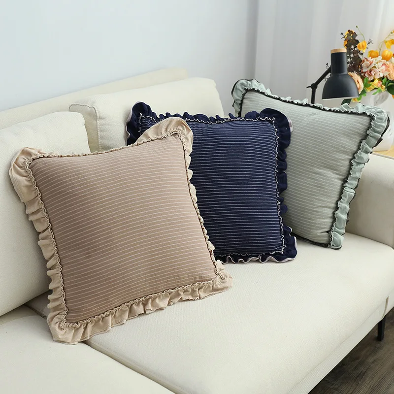 Pillow Cover, Cotton Sand Washed Lotus Leaf Lace Sofa, Countryside Striped Sofa, Waist Pillowcase, Cushion Cover