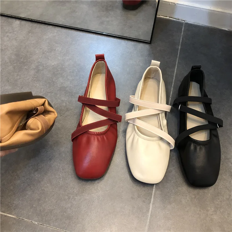 Spring Ballet Flat Shoes Women Comfy Leather Shoes  Women Luxury Women Square Toe Flat Mary Janes Ladies Shoes Double Buckle