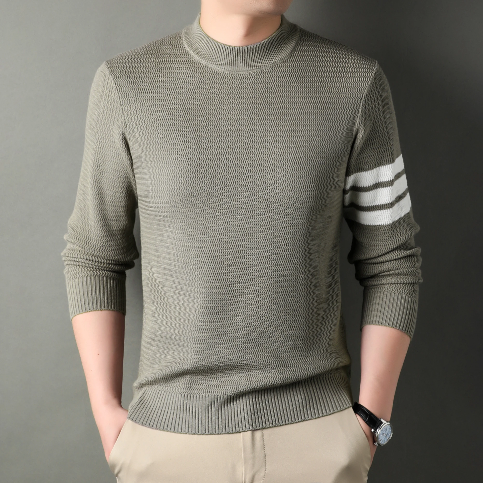 High end brand men\'s round neck knitted sweater autumn winter fashion Korean style light luxury striped design warm pullover