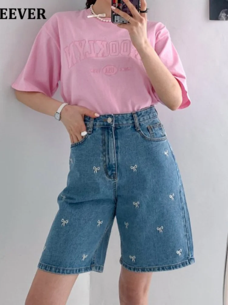 Women fashion loose street style bow embroidered denim shorts summer high waist pocket five quarter denim shorts for women