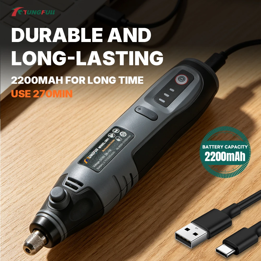 TUNGFULL Rotary Tool USB Rechargeable 35W 3‑Speed 8500‑21000RPM Mini Cordless Grinder Pen For Polishing Carving DIY Craft Work
