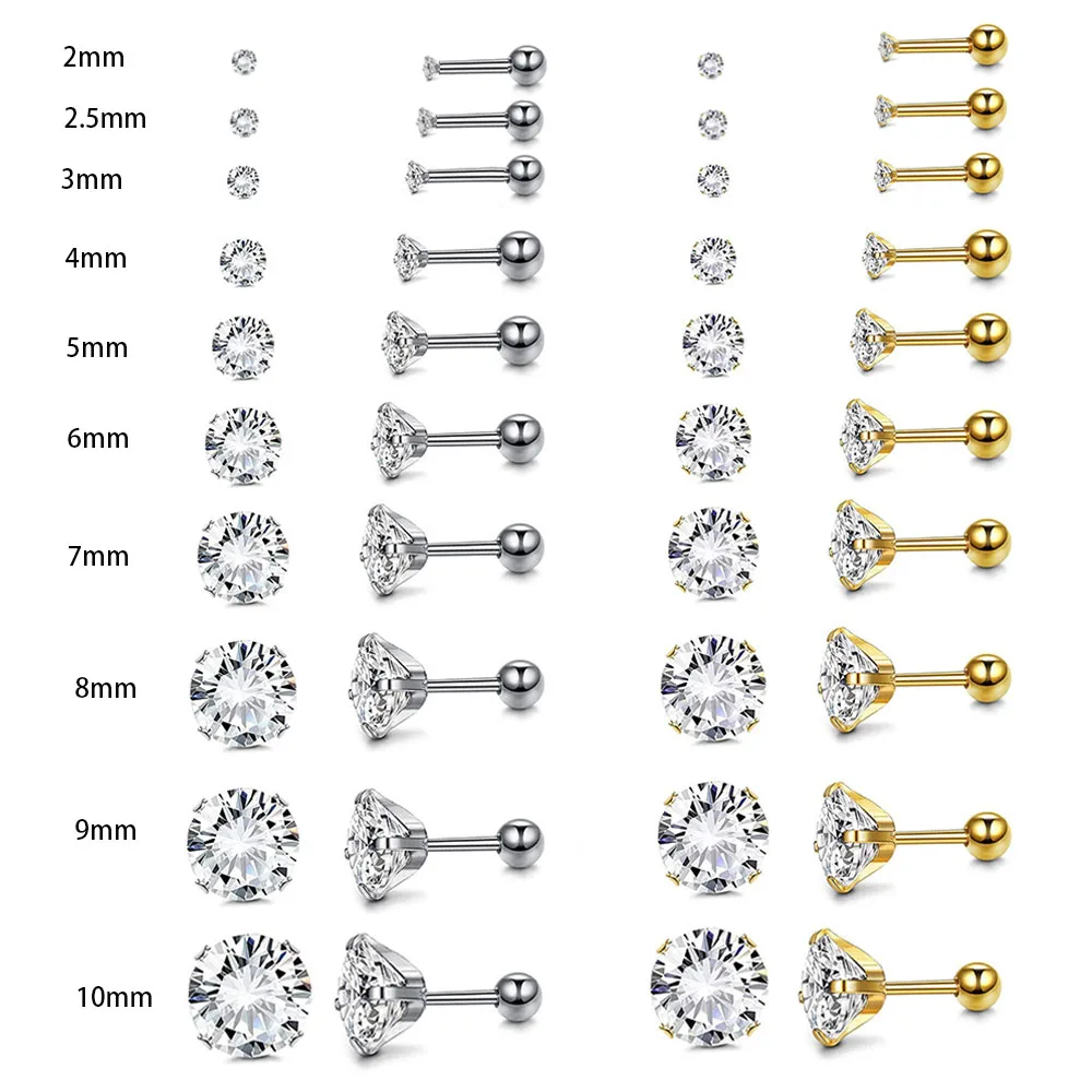 Brinco de aço cirúrgico com zircão para homens e mulheres, cartilagem da orelha, Tragus Helix, Daith Stud, bijuterias perfurantes, cor dourada e prata, 1pc