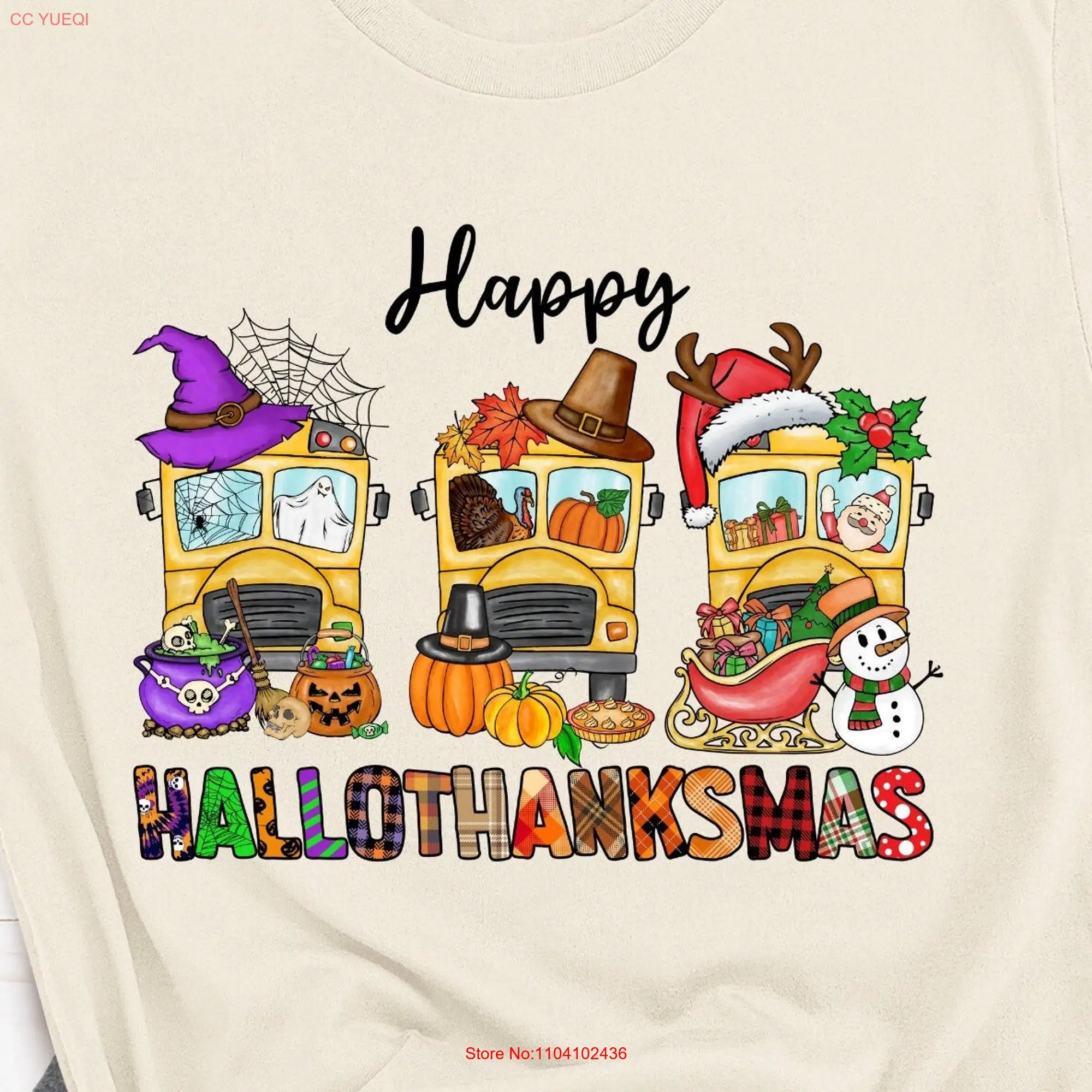 Happy Hallothanksmas School Bus T Shirt For Driver Teacher Kids Back To Halloween Thanksgiving Christmas