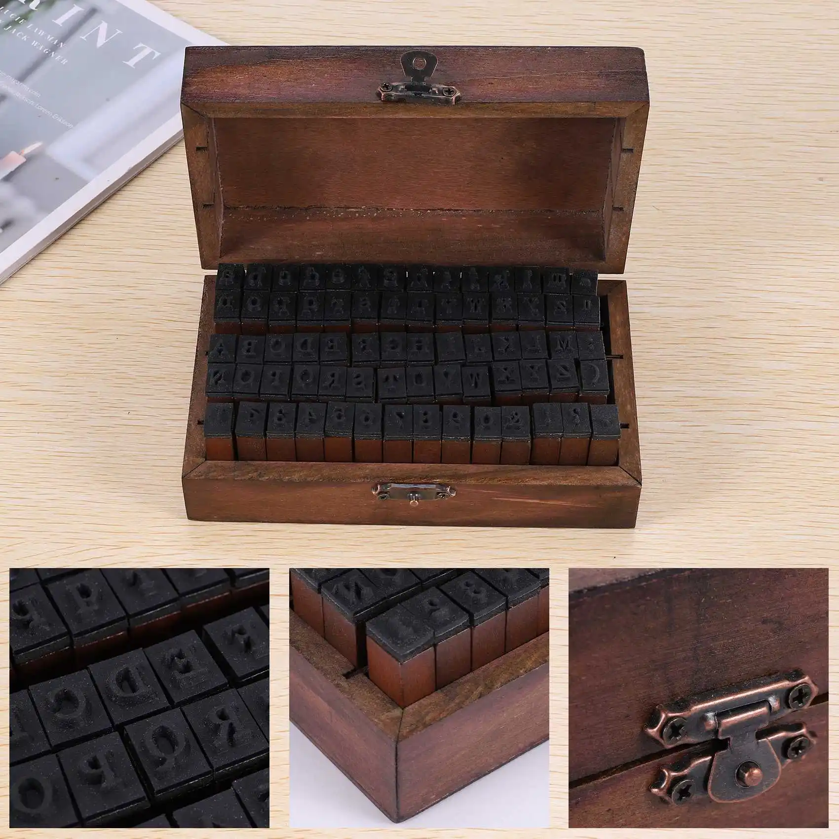 Rubber Stamp Alphabet Number Symbol Wooden Box Set Print Style Wood Letter 70PCS