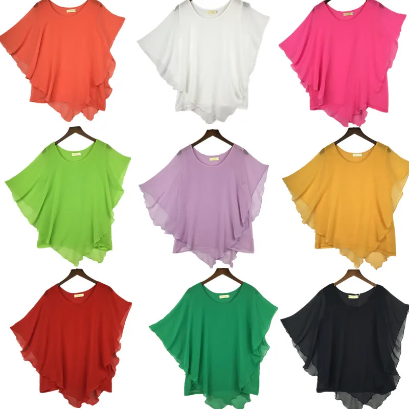 

New Womens Tops Fashion 2024 Women Summer Chiffon Blouse Ruffle Batwing Sleeve Shirt black white Blusas Tops blusas femininas