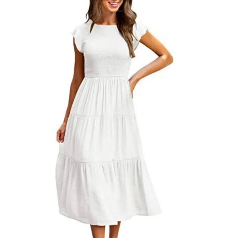 

Elegant Women's New White Flying Sleeve Pleated Layered Short Sleeved Dress 2024 Summer Woman Fashionable Round Neck Dresses 3XL