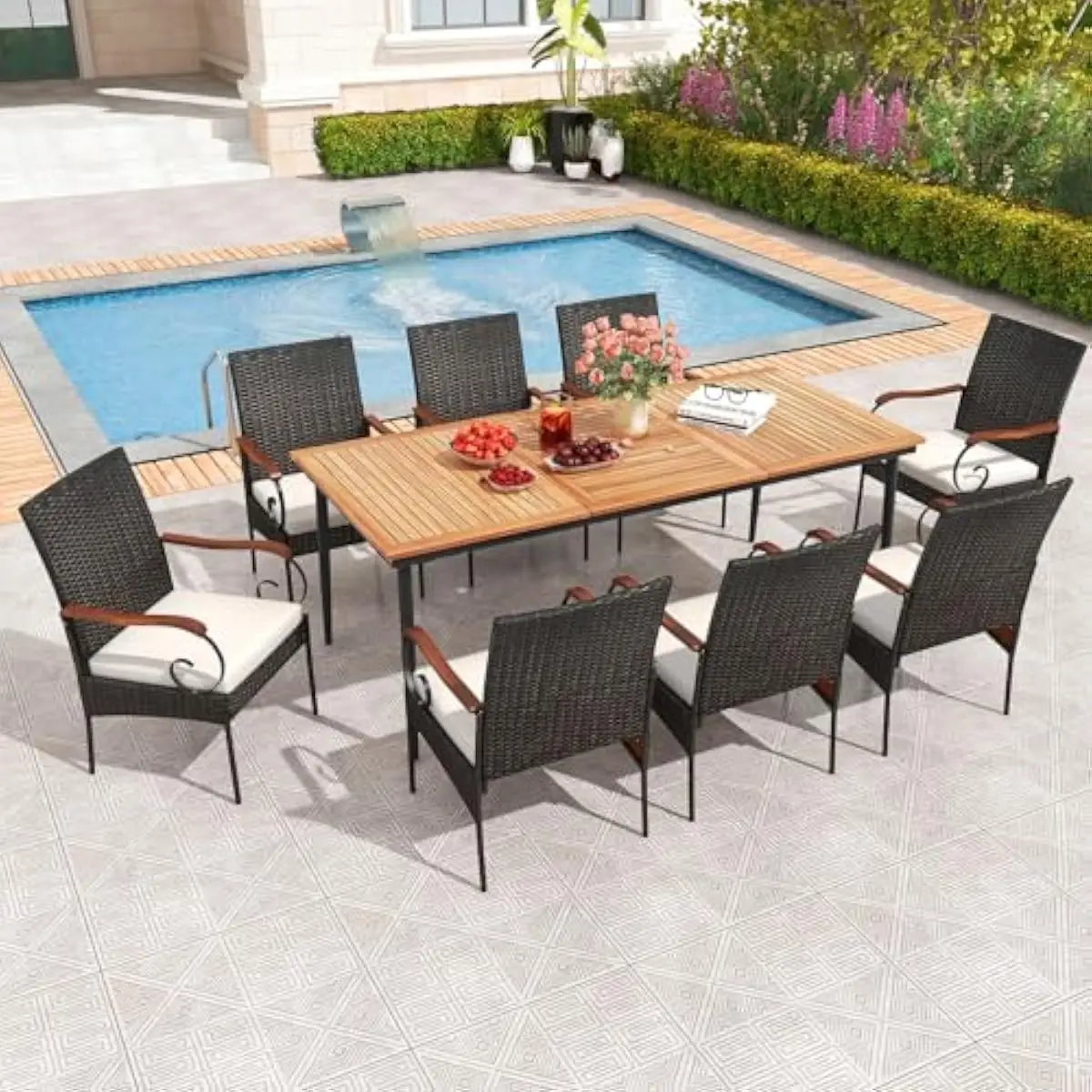 9-Piece Outdoor Dining Ensemble Featuring 79-Inch Acacia Top Table and Eight Woven Rattan Chairs with Scroll-Arm Detailing Off-W