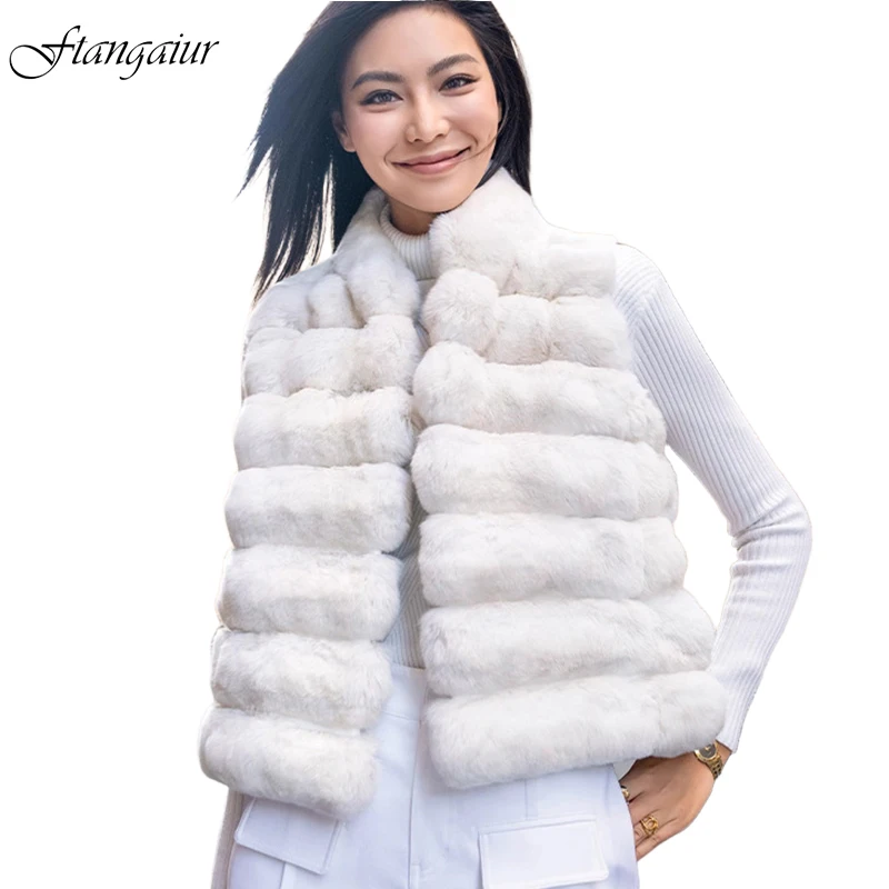 Ftangaiur Zimowy Import Czysta Biel Cyjanowy Niebieski Płaszcz-Kamizelka z Szynszilli Dekolt w Serek Damski Elegancki Krótki Naturalny Kolor Kamizelki z Szynszilli