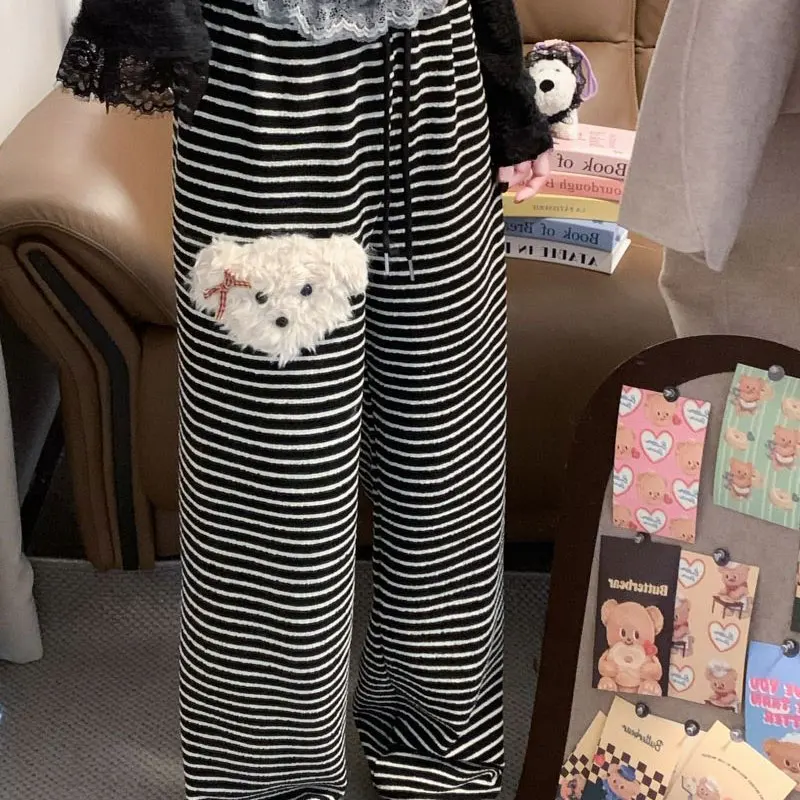 

Cute Stripe Plush Puppy Loose Trousers Women Wide Leg Elastic Drawstring Autumn Winter Contrasting Colors Doll Chic Casual Pants