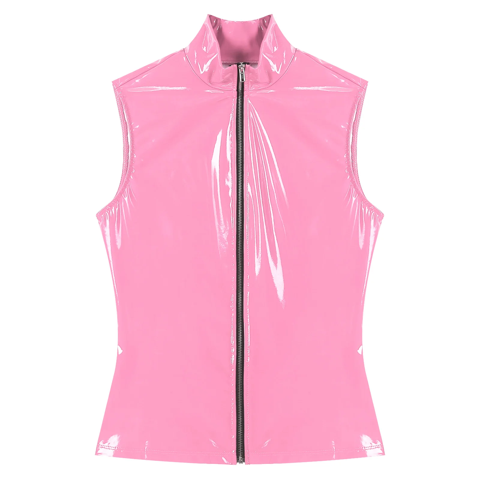 Womens Fashion Zipper Patent Leather Tank Tops Sleeveless Jacket Camisole Wet Look Stand Collar Vest Tops Latex Blouse Clubwear