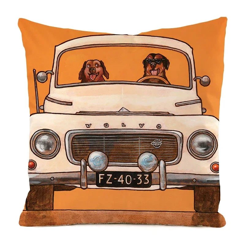 Retro Movie Sense Pillowcase Cartoon Animal Driving Car Printed Cushion Cover Nostalgic Matching Pillow Cover for Living Room