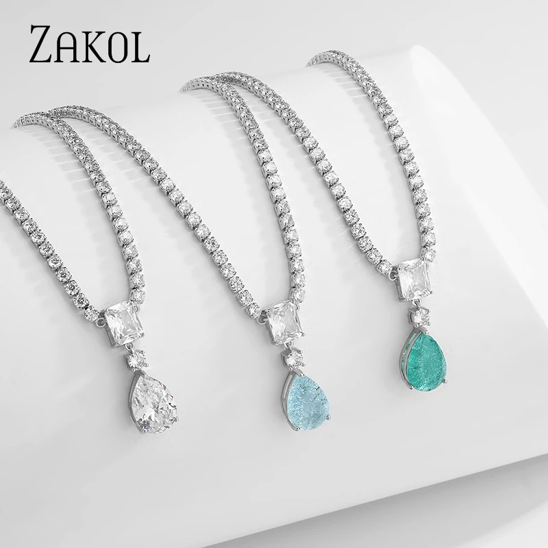 ZAKOL-collar de circonia cúbica para mujer, gargantilla de circonita azul brillante de lujo, joyería de Boda nupcial Premium, NP5080