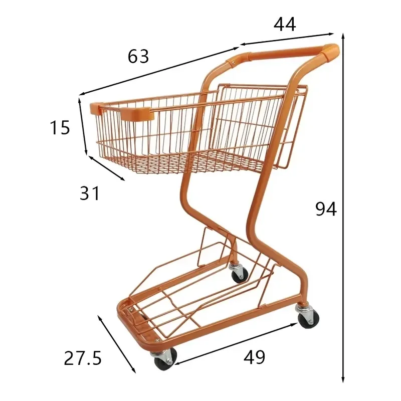 Double Layer Metal Shopping Cart with Plastic Basket 4 Universal Wheels Two Tier Trolley for Boutiques and Convenience Stores