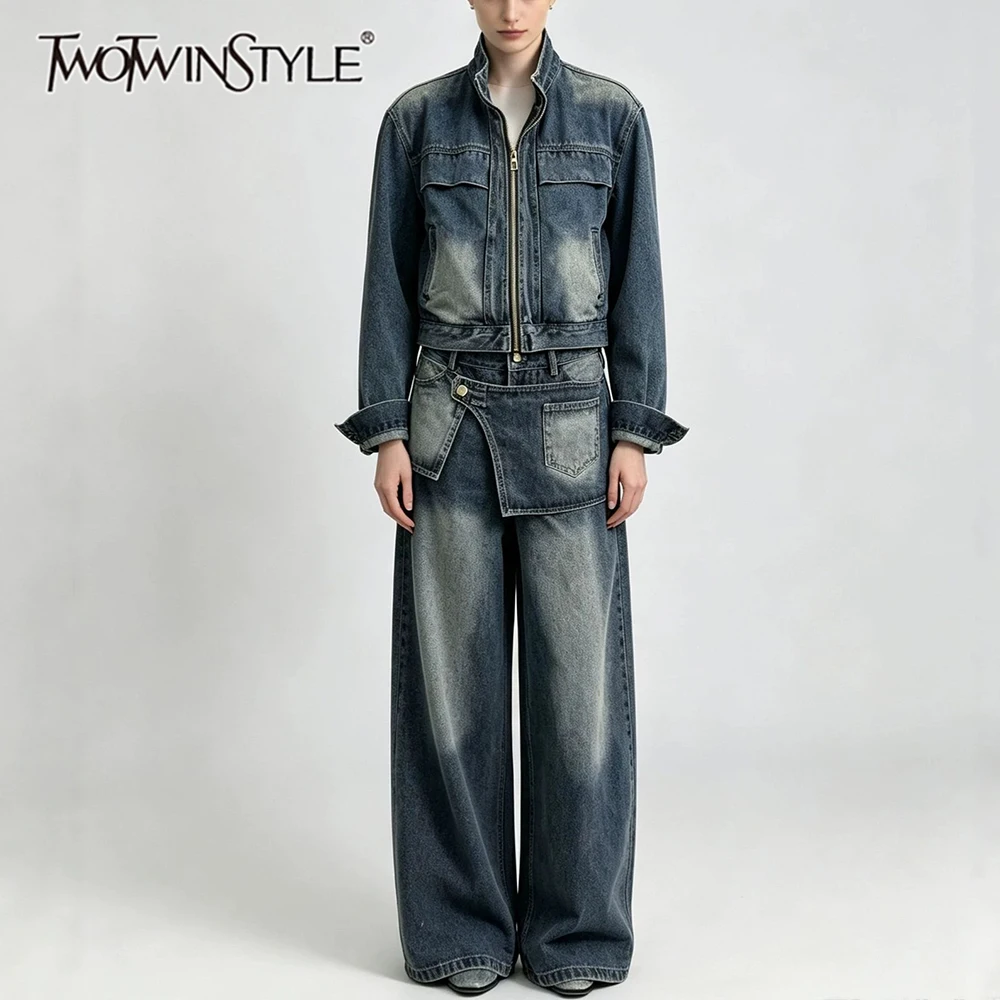 TWOTWINSTYLE Washed Spliced Zipper Loose Two Piece Set for Women Stand Collar Long Sleeve Jacket High Waist Trousers Sets Female