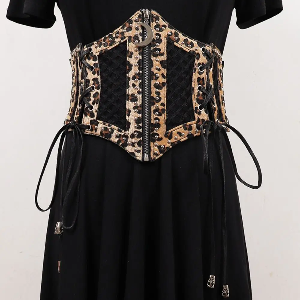 Moon Zipper Pendant Leopard Print Cummerbunds PU Leather High Waist Hollow Corset Belts Elastic Waistband Wide Waist Belt