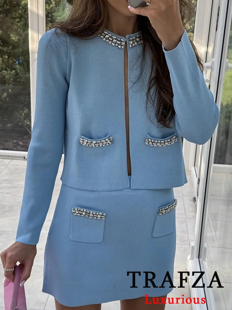 TRAFZA Vintage Casual Chic Women Blue Suit O-Neck Diamond Straight Cardigans+Sheath Mini Skirt Fashion 2024 Elegant Party Set