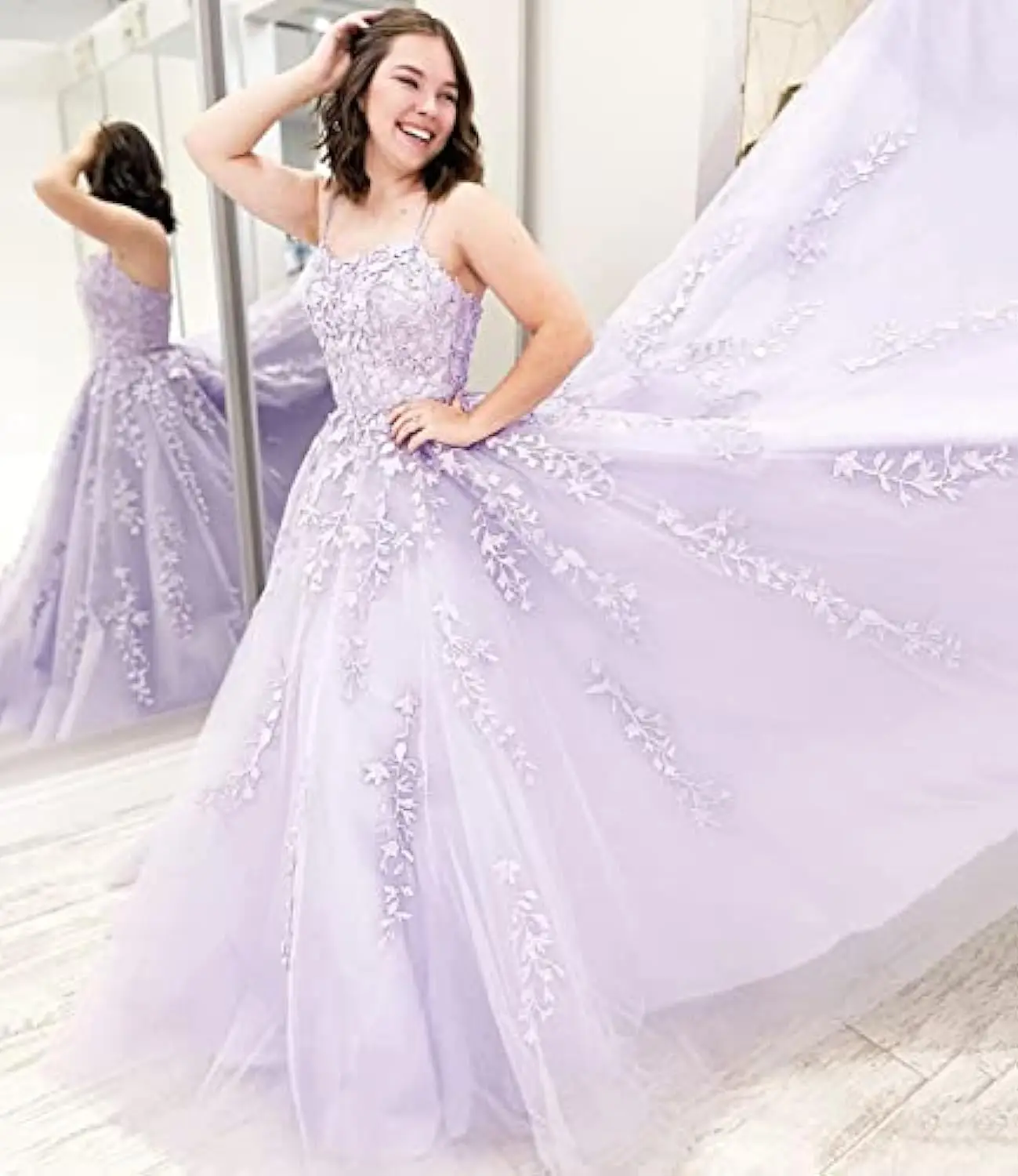 Tulle Princess Appliques Homecoming Dresses for Teens Long Flower Spaghetti Straps Prom Dress with Pocket Long Puffy Ball Gown