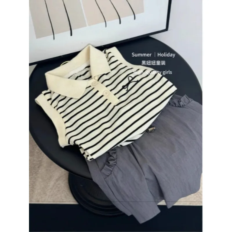 

Children's Summer Outfit Korean Style Girls' Trendy Embroidered Bowknot Color Block Striped SetTT-shirt+SleevelessPOLOTwo-Piece