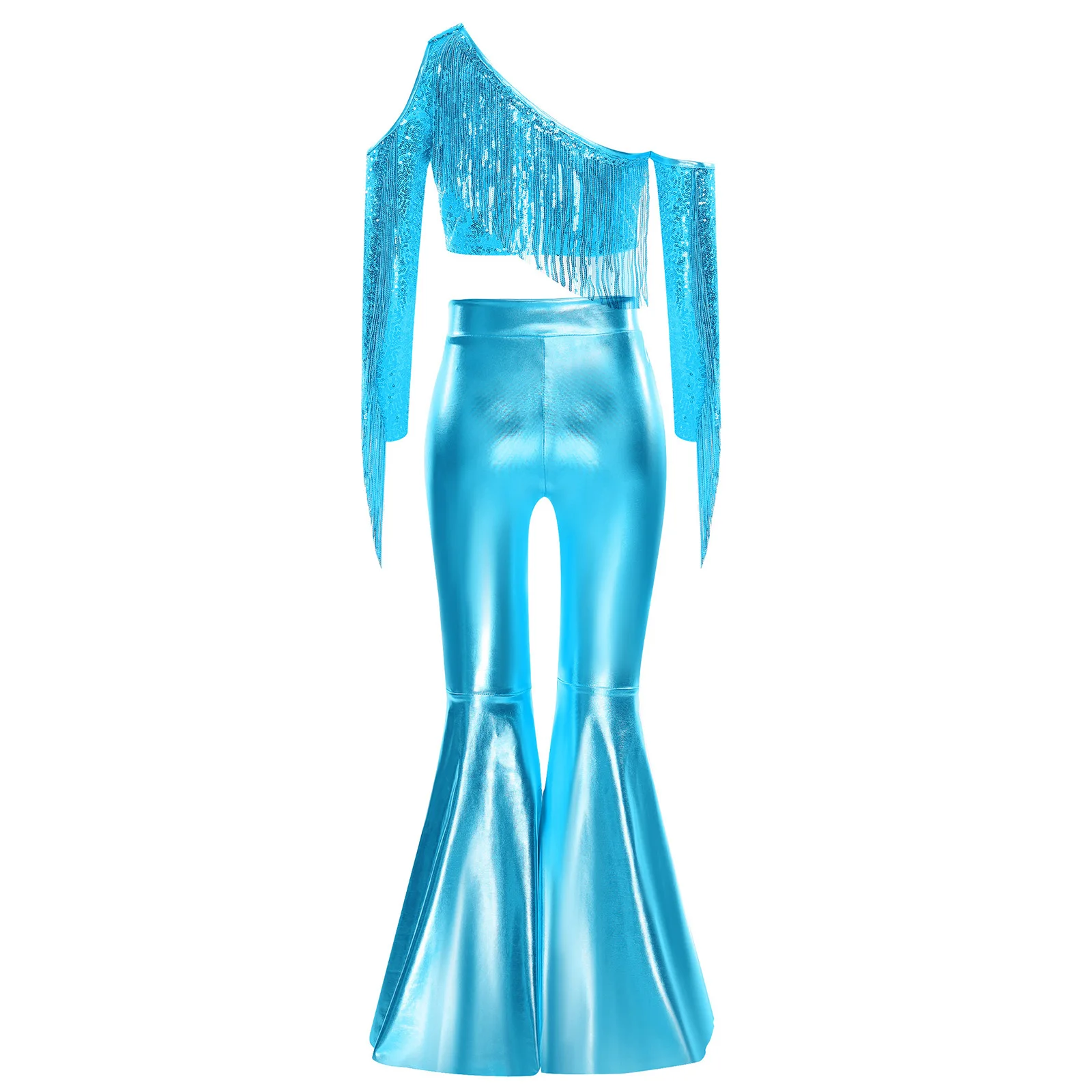 Kids Girls Pageant Stage Performance Costume One Shoulder Long Sleeve Shiny Sequins Crop Top with Pants Disco Belly Dance Wear