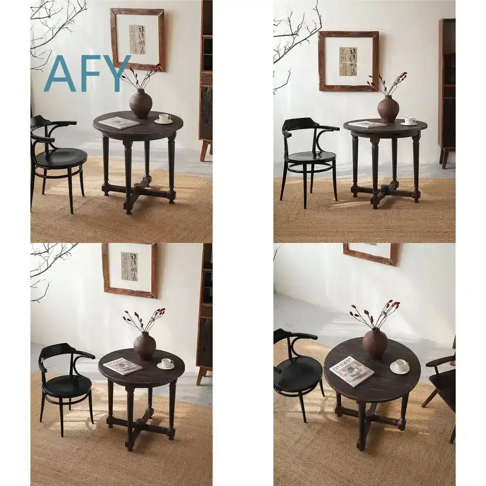 Vintage Solid Wood Round Edge Side Table Coffee Table for Retro Hotel Lounge Decor Carved Distressed Living Room Furniture