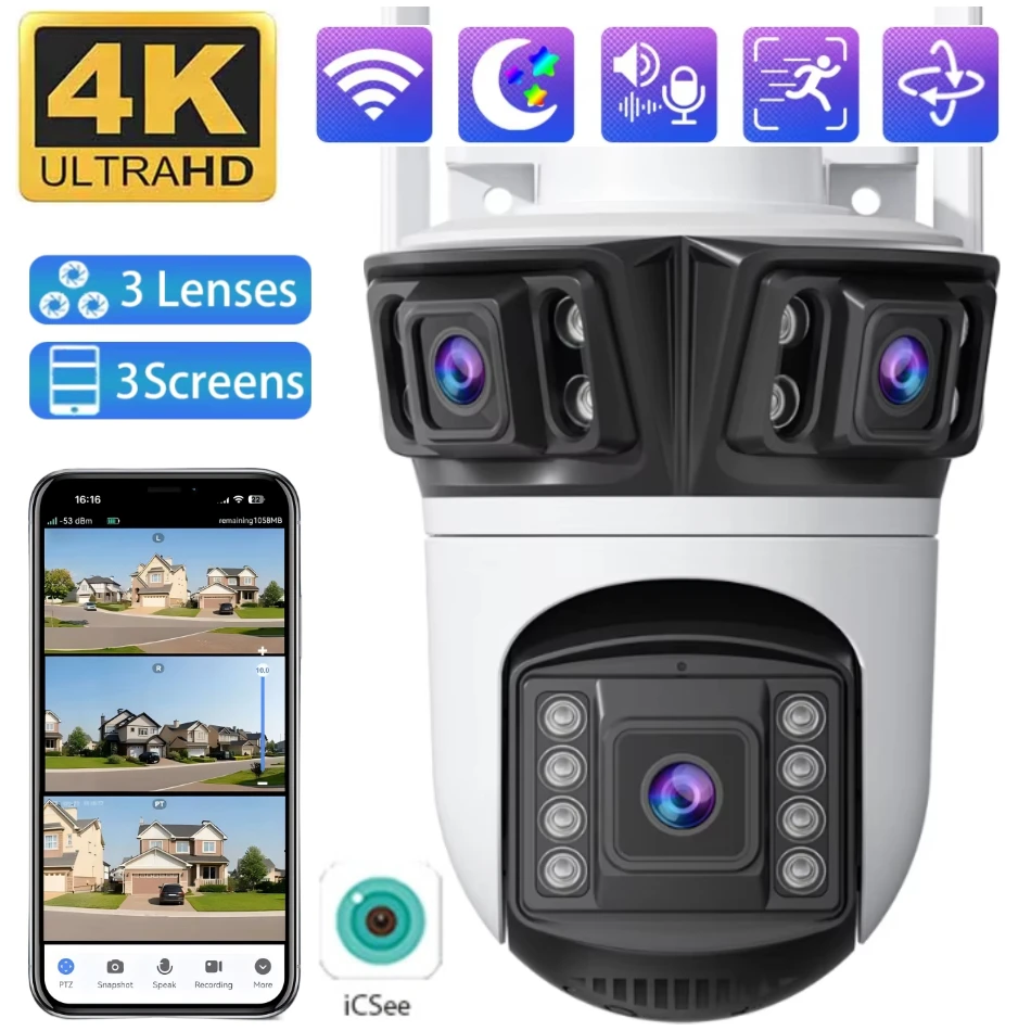 

4K уличная Wi-Fi камера с тремя объективами, обнаружение движения, автоматическое отслеживание, беспроводная камера видеонаблюдения, ночное видение, водонепроницаемая камера наблюдения PTZ ICsee