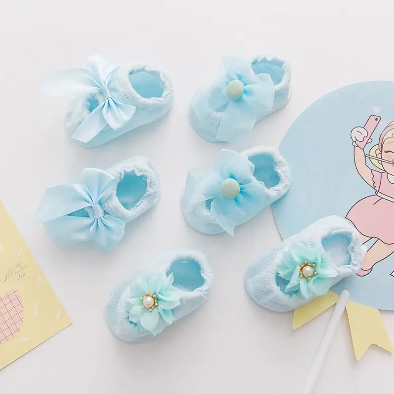 3 Pairs Socks Cute Baby Socks Girls Spring Newborn Kids Flower Bowknot Lace Non-slip Children Floor Anti Skid Toddler Slipper