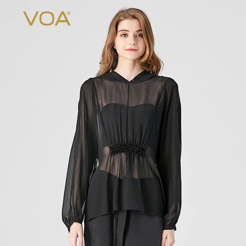 

VOA 100% натуральный шелк Жоржет, черные топы с капюшоном и длинными рукавами, женские солнцезащитные прямые повседневные прозрачные футболки, новинка BE1352