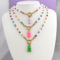 Women Necklace Boho Candy Bear Charm Bead Rainbow Choker Imitation Pearl Stainless Steel Spring Sailor Clasp Diy Wholesale Bead