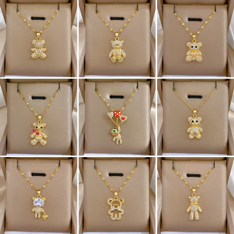 

18K Gold Plated Little Bear Pendant Necklace for Women Titanium Steel Gold Color Full Zircon Necklace Baby Girls Gift Jewelry