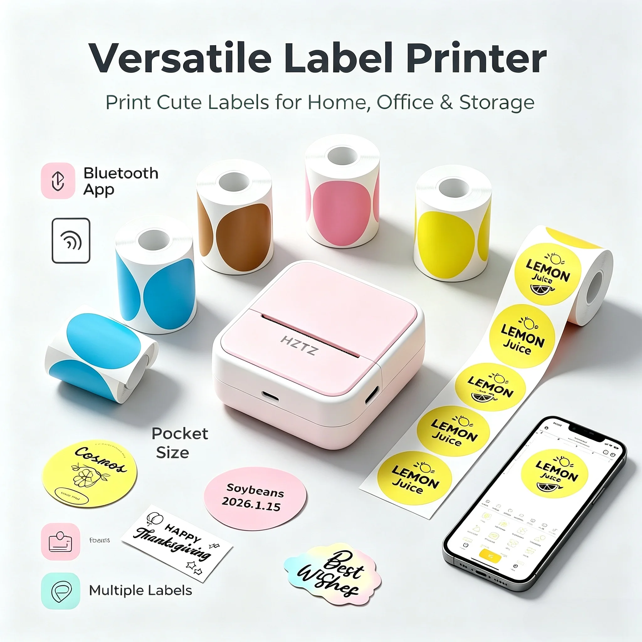 Mini Thermal Printer - Ultra-thin Portable Bluetooth Wireless Mobile Printer, 203dpi Black and White Printing, Includes Tags