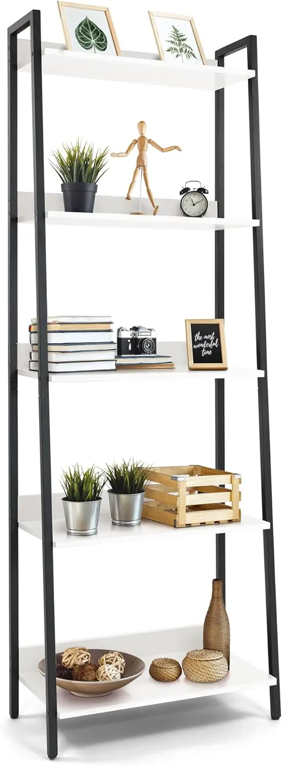

5 Tier Ladder Bookshelf, 24 Inch Width Free Standing Shelf, Bookcase Shelf Storage Rack Organizer, Industrial Book Shelves